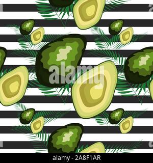 Nahtlose Muster mit Tiger stripes und tropische Früchte und Blätter. Muster mit Avocado. Stock Vektor