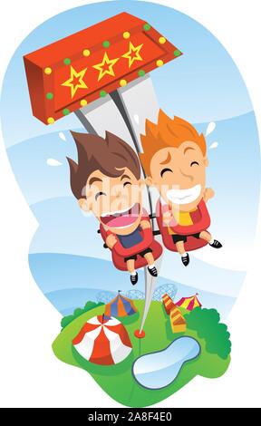 Freier Fall Spiel im Vergnügungspark mit glücklichen Schreien Kinder Stock Vektor