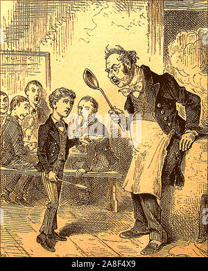 1885 Illustration - Oliver Twist Die Geschichte der Waise Oliver Twist, die in die Lehre bei einem leichenbestatter verkauft wird. Nach der Flucht reist er nach London, wo er den "Artful Dodger", ein Mitglied einer Bande von Jugendlichen Taschendieben led durch einen älteren Gauner Fagin. Hier Oliver gesehen wird, um mehr Nahrung und leidet unter den Folgen. Stockfoto