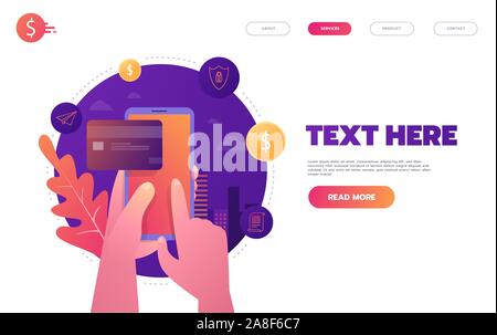 Online Banking, Mobile Payment, Bezahlung pro Klicken, Überweisung Konzept. Flaches Design Stil Vector Illustration Stock Vektor