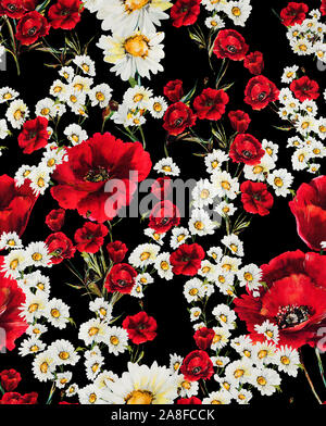 Nahtlose florales Muster mit roten Blumen und weißen Gänseblümchen auf schwarzem Hintergrund. Bereit für Textildruck. Stockfoto