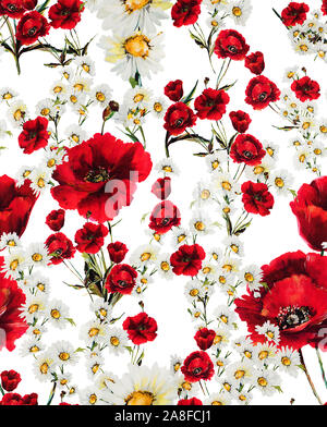 Nahtlose florales Muster mit der roten Blüten und weißen Gänseblümchen auf weißem Hintergrund. Bereit für Textildruck. Stockfoto