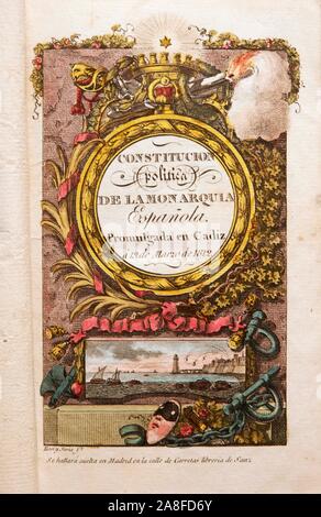 Buch der spanischen Verfassung von 1812, Cadiz, Andalusien, Spanien, Europa. Stockfoto