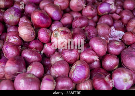 Rote Zwiebeln sind schön gestapelt und bis auf diesem kleinen Marktstand in Little India, Singapur angehäuft. Die rote, violette Farbe ist sehr beeindruckend. Stockfoto