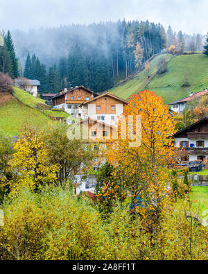 Herbstliche Panorama in Santa Magdalena Dorf in der berühmten Val di Funes. Trentino Alto Adige, Italien. Stockfoto