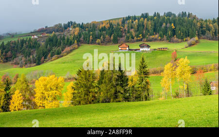 Herbstliche Panorama in Santa Magdalena Dorf in der berühmten Val di Funes. Trentino Alto Adige, Italien. Stockfoto