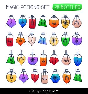 Vektor mega Set von Trank. Hand gezeichnet Sammlung im Cartoon doodle Stil mit Magic Flasche und bunten Trank in Vector Illustration. Stock Vektor