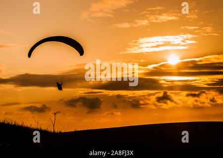 Devils Dyke, Brighton, East Sussex, Großbritannien..8. November 2019..Gleitschirmflieger, die auf der kalten Nordbrise gegen die untergehende Sonne & verstreute Wolken über den South Downs fliegen, machen atemberaubende Szenen aus. . Stockfoto