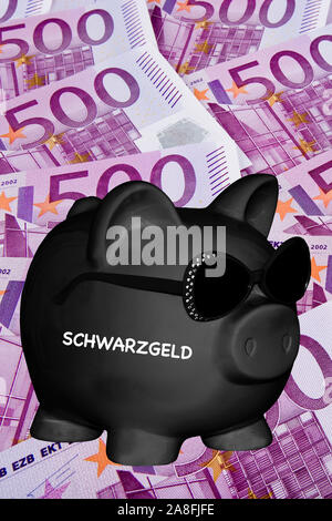 Schwarzes Sparschwein, Sparen, Vorsorge, Aufdruck: Schwarzgeld, Steuerhinterziehung, Stockfoto