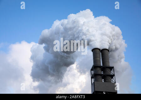 Hamburg, Deutschland. 04 Nov, 2019. Abluft steigt aus den Schornsteinen der Moorburg Kohlekraftwerk in den Himmel geschossen. Die Vattenfall Energy Group betreibt eines der größten und modernsten Steinkohlekraftwerke in Europa in Hamburg-Moorburg. Credit: Christian Charisius/dpa/Alamy leben Nachrichten Stockfoto