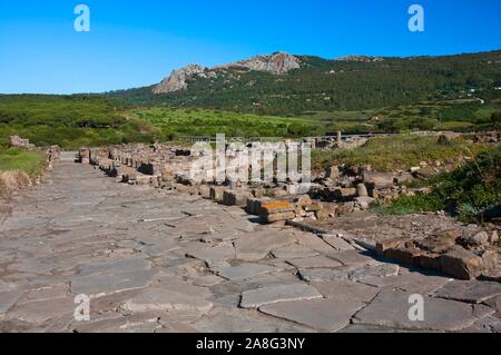 Römische Ruinen von Baelo Claudia - Decumanus Maximus und Sierra de la Plata, Tarifa, Provinz Cadiz, Andalusien, Spanien, Europa. Stockfoto