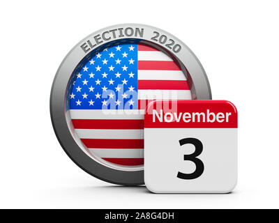 Emblem der USA mit "Kalender" - Der dritte November - Stellt den Tag der Wahl 2020 in den USA, drei-dimensionale Darstellung, 3D-Darstellung Stockfoto