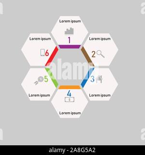 Infografiken für Unternehmen: Workflow, Teamarbeit, Strategie. Abstrakte Infografik-Designvorlage mit der Option "Nummer sechs". Stock Vektor