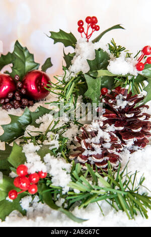 Weihnachten Hintergrund mit pine Zweige, roten Blüten, Kegel und Mistel Stockfoto