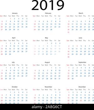 Einfacher Kalender 2019. Kalender 2019 einfachen Stil auf weißem Hintergrund. Woche beginnt Sonntag. Stock Vektor
