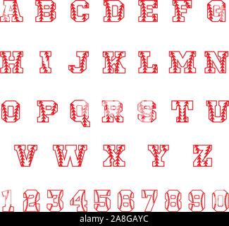 Sport Alphabet Buchstaben und Zahlen auf weißem Hintergrund. Vintage sport Font. Baseball Buchstaben und Zahlen Vektor. Softball Font Symbol. Baseball Stich Stock Vektor