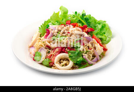 Pikanter Salat Nudeln mit Tintenfisch und Hackfleisch Schwein, Gemüse, Pikanten lecker Thai Essen Fusion Style dekorieren geschnitzt, Gurke, Paprika und Stockfoto