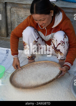 Vietnamesische Frau mit gemusterten Hose und einem Rost farbigen Sweatshirt sortieren Reis in einem Korb. Foto ist absichtlich unscharf. Stockfoto