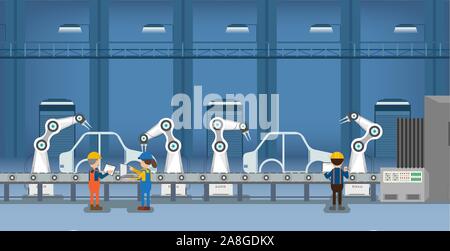 Automation Automobilwerk Konzept mit Roboter in der autofabrik Vector Illustration Stock Vektor