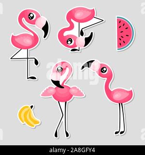 Satz Aufkleber mit Cartoon rosa Flamingos und Früchte. Sammlung von Etiketten mit niedlichen Vögel, Wassermelone und Banane. Vector Illustration. Stock Vektor