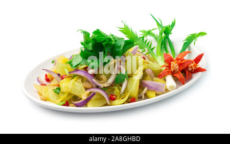 Spicy Pickled süße Krautsalat mit trockenem kleine Garnelen ontop Thailändischen Sellerie schnitzel Asian Food Gericht mit Reis oder Reis verzieren mit geschnitzten sp Essen Stockfoto