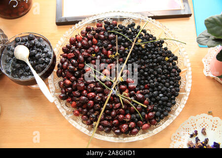 Weißdorn auf Holz rustikal Tisch Hintergrund. Hagebutten haw Frucht der Heckenrose. Schwarz Aronia Beeren Marmelade. Stockfoto