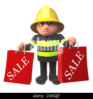 Cartoon 3d-Feuerwehrmann in Firemans einheitliche Holding Sale Taschen, 3d-Grafik rendern Stockfoto