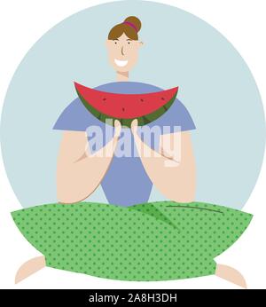 Glücklich, Frau, Essen, Wassermelone auf Picknick. Weibliche Figur Entspannung auf Natur Landschaft. Vektor Flachbild Abbildung Stock Vektor