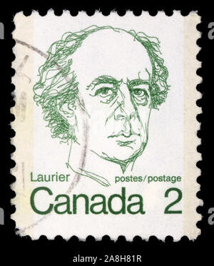Stempel Gedruckt in Kanada zeigt ein Porträt der kanadischen Premierminister Sir Wilfrid Laurier, circa 1972.