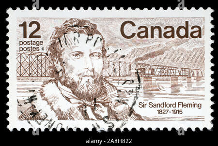 Stempel Gedruckt in Kanada zeigt Sir Sandford Fleming, einem kanadischen Ingenieur, Canada's erste Briefmarke entworfen, ca. 1977 Stockfoto