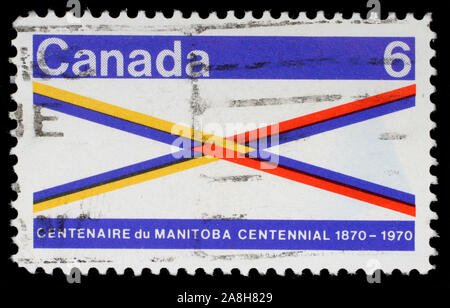 Stempel Gedruckt in Kanada, Manitoba Centennial, circa 1970 Stockfoto