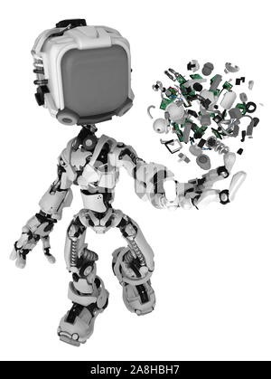 Bildschirm Roboter Abbildung Charakter darstellen, kleine Teile halten, 3D-Darstellung, horizontal, isoliert Stockfoto