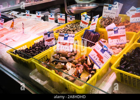 Quimper, Finistere/Frankreich - 23. August 2019: Marktstand in der Fischmarkt von Quimper in der Bretagne mit frischen Muscheln auf Eis Stockfoto