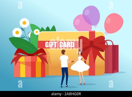Der Vektor der ein glückliches Paar feiert eine Gelegenheit, die auf dem Hintergrund einer Geschenkkarte oder Gutschein, Rabatt Coupon Stock Vektor