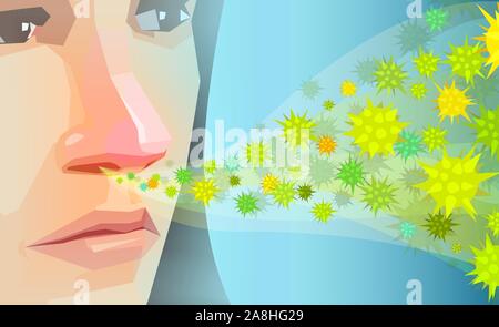 Vektor einer jungen Frau Einatmen von Pollen, Staub Heuschnupfen Allergene Stock Vektor