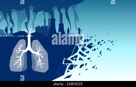 Schlechte Luftqualität und Rauchen gefahren Konzept. Der Vektor der menschlichen Lunge Einatmen toxischer Schadstoffe, industrielle Toxine, Zigarettenrauch und Emissionen von Autos Stock Vektor