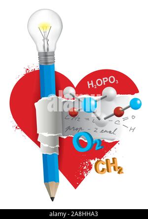 Ich liebe Chemie, Spaß Bildung Konzept. Chemie Symbole innerhalb des Herzens Symbol mit dem Bleistift mit Glühbirne. Vektor zur Verfügung. Stock Vektor