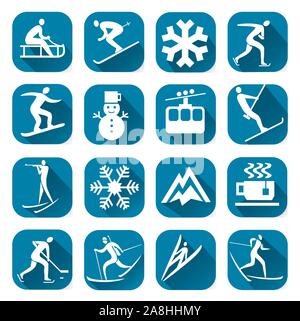 Winter Sport Symbol mit langen Schatten. Satz von Blue Winter Sport Icons mit Wintersportaktivitäten. Vektor zur Verfügung. Stock Vektor