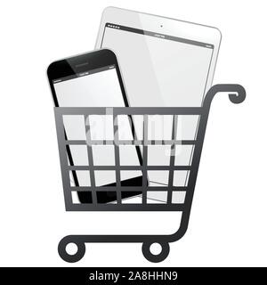 Mobile Geräte mit Warenkorb - Vector Illustration Stock Vektor
