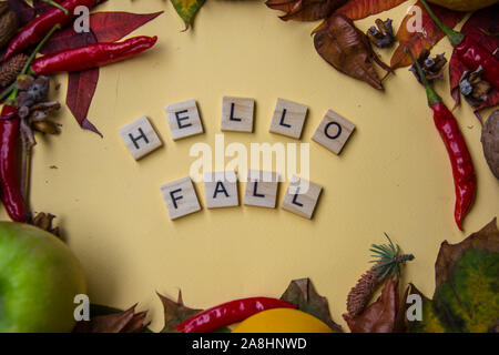 Text Dinkel mit hölzernen Buchstabensteine auf Hellgelben Hintergrund, Worte HALLO HERBST, Herbst noch leben, Schriftzug Konzept Stockfoto