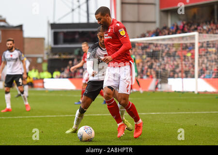 NOTTINGHAM, ENGLAND - 9.NOVEMBER Lewis Grabban (7) von Nottingham Forest während der Sky Bet Championship Match zwischen Nottingham Forest und Derby County an der Stadt Boden, Nottingham am Samstag, den 9. November 2019. (Credit: Jon Hobley | MI Nachrichten) das Fotografieren dürfen nur für Zeitung und/oder Zeitschrift redaktionelle Zwecke verwendet werden, eine Lizenz für die gewerbliche Nutzung Kreditkarte erforderlich: MI Nachrichten & Sport/Alamy leben Nachrichten Stockfoto