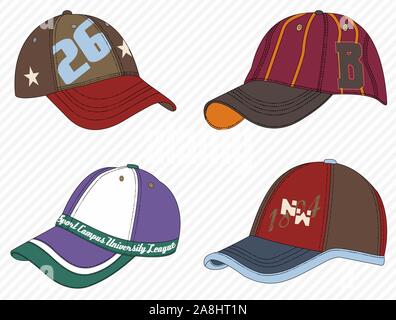 Bunte Sport Caps. Mann, Frau, fashion, headwear, Sportlicher Hut. Baseball Cap. - Vektor Stock Vektor