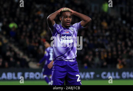 West Bromwich Albion Grady Diangana reagiert, nachdem eine verpasste Chance, während der Himmel Wette Championship Match am KCOM Stadion, Hull. Stockfoto