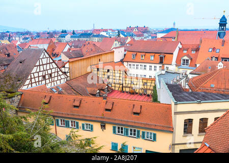 Bamberg Innenstadt Luftaufnahme mit Fachwerk bunten Häusern, Deutschland Stockfoto