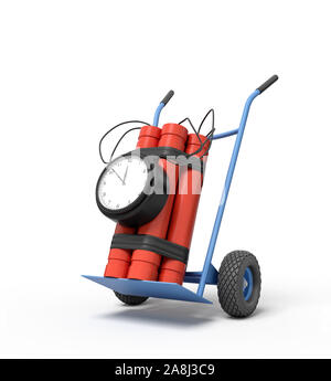 3D-Rendering von Big dynamite Bundle mit Zeitbombe auf blaue Hand Truck. Stockfoto