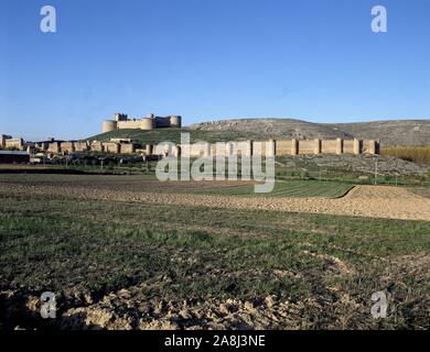 PANORAMICA DEL CASTILLO DE Berlanga de Duero, CONSTRUIDO EN EL SIGLO XVI. Lage: CASTILLO. Soria. Spanien. Stockfoto