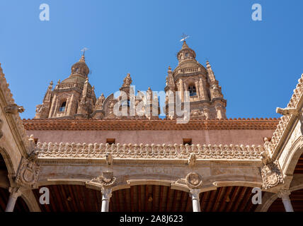 Kunstvolle Steinschnitzereien auf der Casa de la Conchas oder Muscheln rund um den Innenhof mit Clericia Kirche in Salamanca Stockfoto