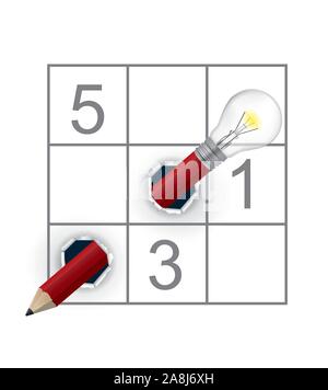 Sudoku Grid und verrückten Bleistift mit Glühbirne. Roter Stift mit Glühbirne zerrissene Papier mit Sudoku. Vektor zur Verfügung. Stock Vektor