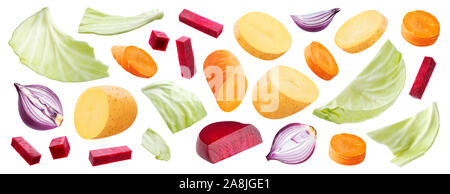 Mix aus verschiedenen Gemüse auf weißem Hintergrund mit Freistellungspfad isoliert, Zutaten für die Russischen Borschtsch Suppe Stockfoto
