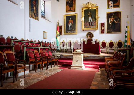 Die Independence Hall oder Salón de la Independencia in der Casa de la Libertad oder Haus der Freiheit in der Altstadt von Sucre, Bolivien Stockfoto